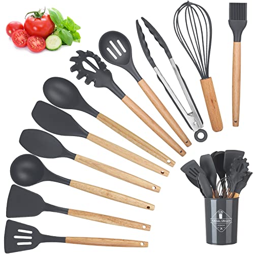 Utensilios de Cocina Silicona, 12PCS Juego Utensilios de Cocina Accesorios sin BPA, Herramientas Antiadherentes Resistentes al Calor con Mango de Madera, Menaje de Cocina con Cuchara/Espátulas/Pinza