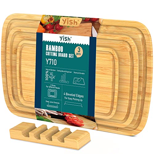 Tabla de Cortar Cocina Bambu: YISH Multifuncional Wooden Chopping Board Set Tabla Cortar de Bambú de Madera Antibacteriana Profesional con Soporte -juego de 3 piezas- 25x16cm & 33x20cm & 38x25cm