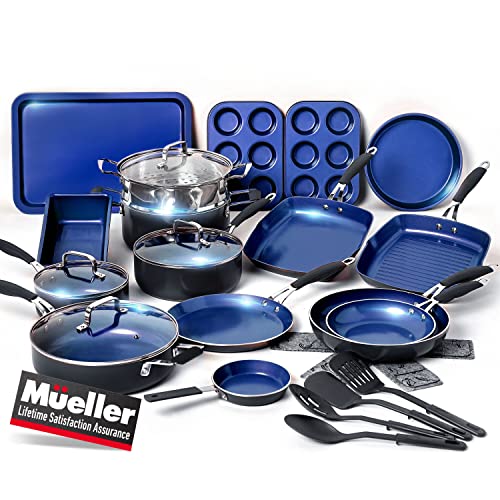 Mueller UltraClad Juego de ollas y sartenes de cobre de 24 piezas, juego de utensilios de cocina y utensilios para hornear, revestimiento antiadherente, cuerpo de aluminio, incluye sartenes, horno