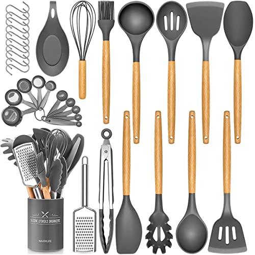 NAUDILIFE Juego de utensilios de cocina de silicona, 34 piezas, con soporte, mango de madera, antiadherente, mejor utensilio de cocina, color gris
