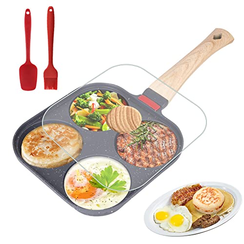 LOMUG Sartén Tortillas, Sartén de 4 Agujeros con Tapa, Sartén Multifuncional para Desayuno Sartén Antiadherente para Huevos Fritos Sartén de Aluminio Tortillas para Inducción Estufa de Gas