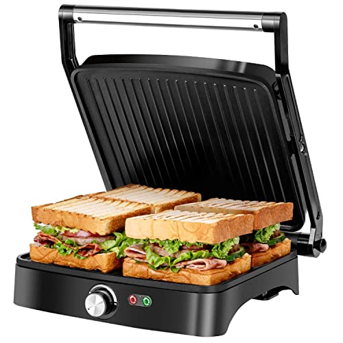 Aigostar Calore - Parrilla Eléctrica, Sandwichera y Máquina de Panini, Revestimiento Antiadherente, Regulador de Temperatura, Apertura 180º, Placa Superior Flotante, 1800 W, Libre de BPA