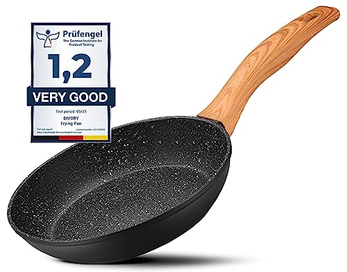 DIVORY Sartén16cm no inducción - Sartén pequeña universal con revestimiento antiadherente para todo tipo de cocinas - Asas seguras, apta (16cm, Aspecto madera clara)