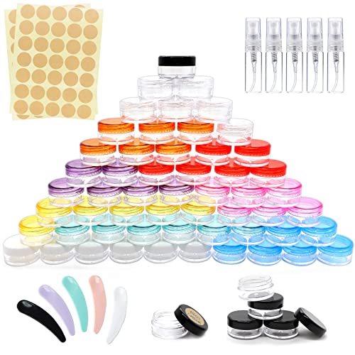 72 ollas vacías de muestra, 5 g/5 ml de botellas de cosméticos transparentes de viaje con tapa, mini pulverizador, botellas vacías, espátula de crema facial y etiquetas de etiqueta, recipiente