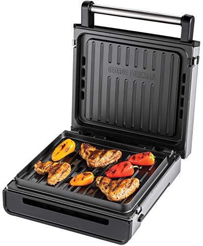 George Foreman Grill Smokeless - Parrilla Eléctrica, Tecnología Sin Humo, Sistema de Ventilación Integrado, Bandeja de Goteo Extraíble, 1575 W, Placas Aptas para Lavavajillas, Plata - 28000-56