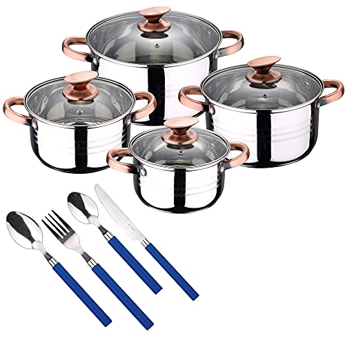 San Ignacio Bateria de cocina 8 piezas apta para induccion Altea en acero inoxidable con cuberteria de 24 piezas en acero inoxidable en color azul, PK3234