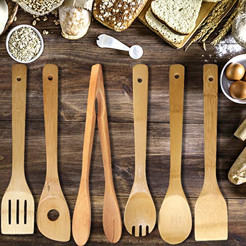 6 Piezas Juego de Utensilios de Cocina de Bambú,Set de Cucharas de Cocina de Bambú,Cuchara Espátula de Madera de Bambú para Cocina Antiadherentes